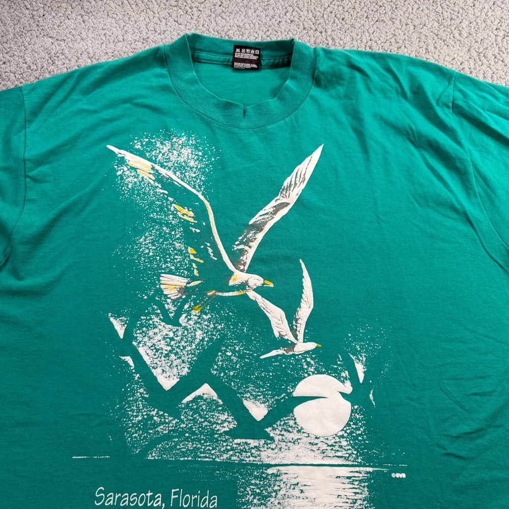 Vintage 90s Fruit of the Loom Sarasota Florida Seagull T-Shirt XL Green USA Made